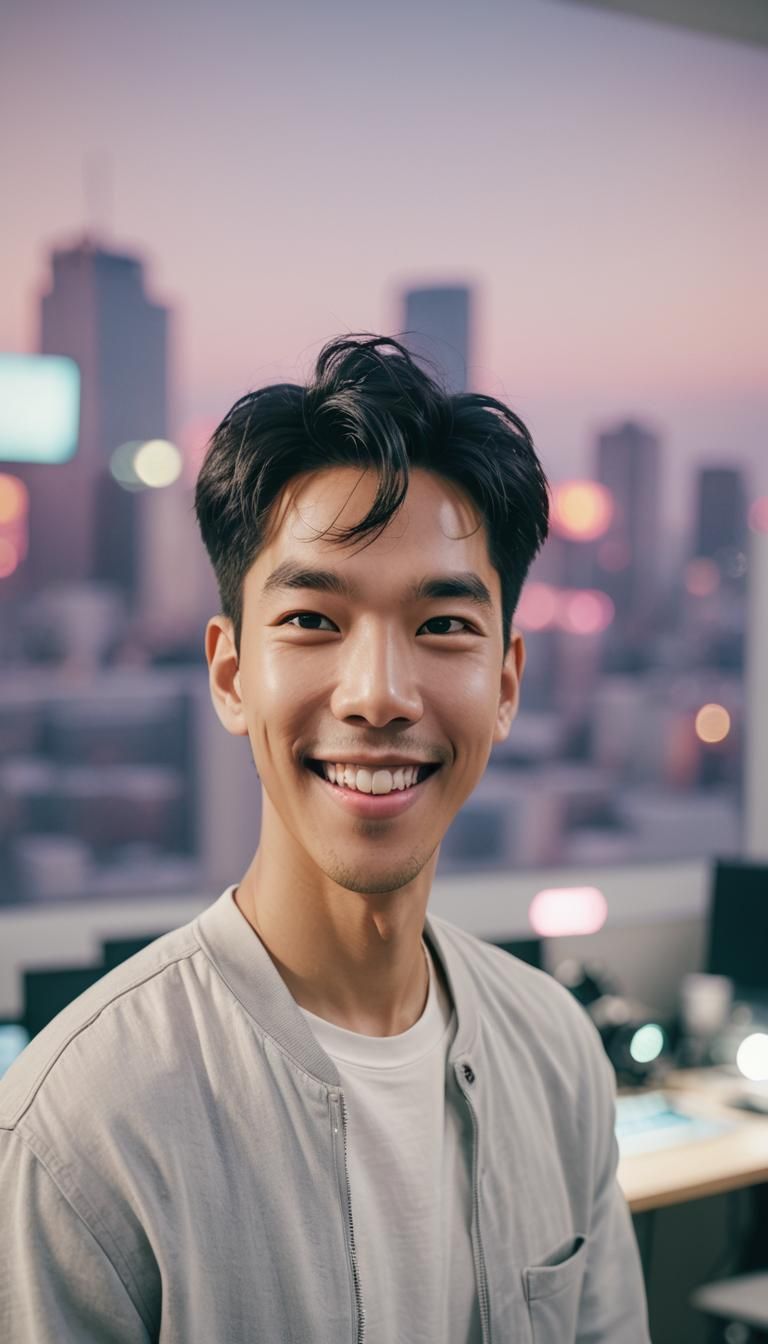 Smiling K-Pop Idol Portrait in Recording Studio