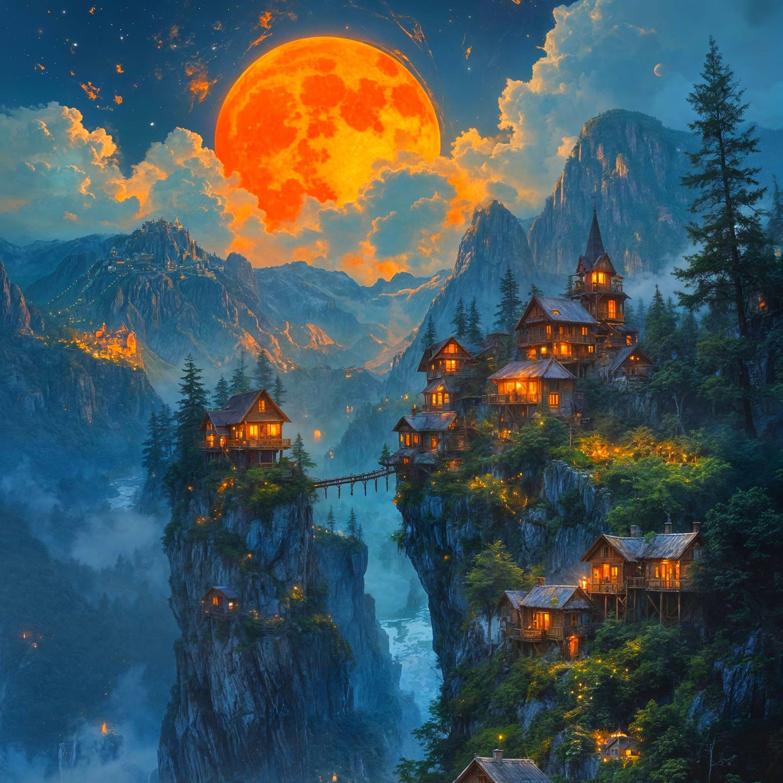 Glowing Mountain Villages Under Moonlight