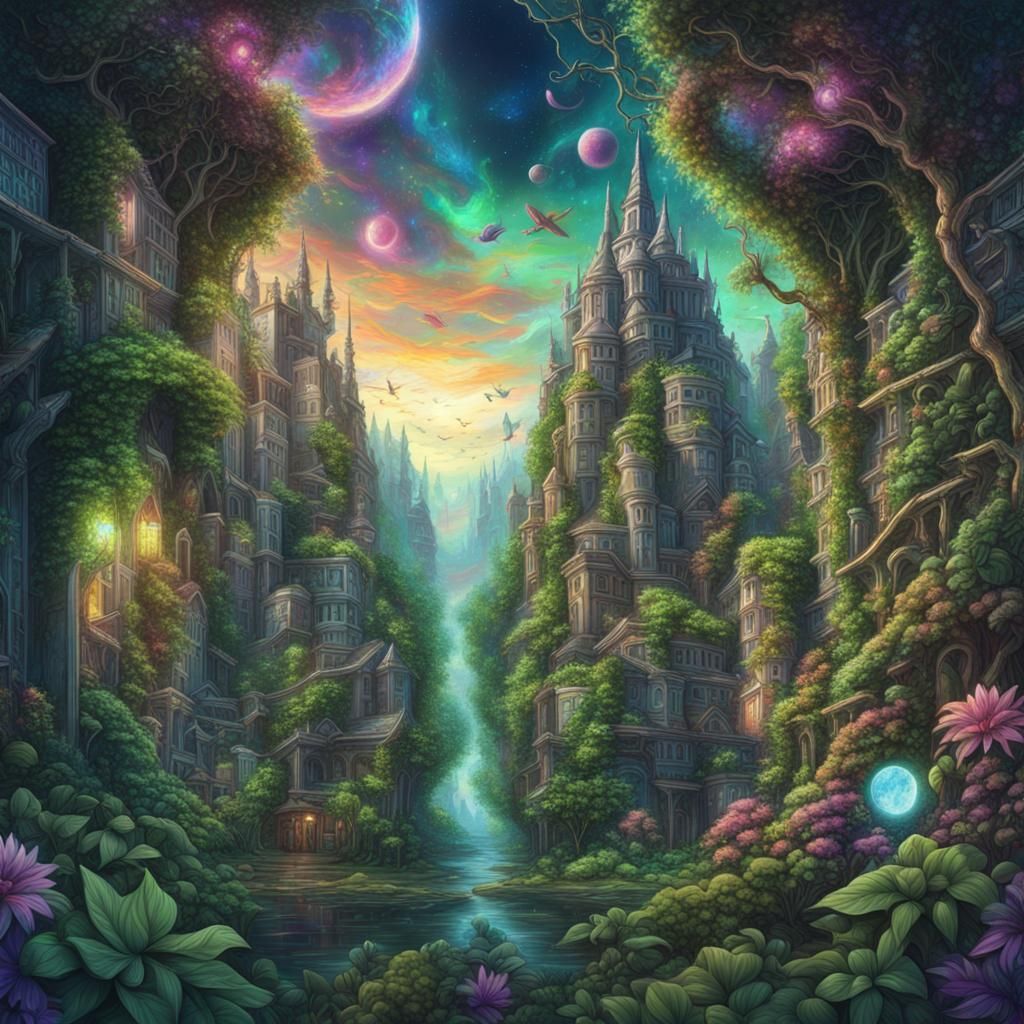 Lush Overgrown City: a Holographic Astral Illustration