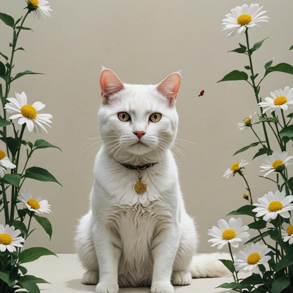 White Cat and Flower in Minimalist Style
