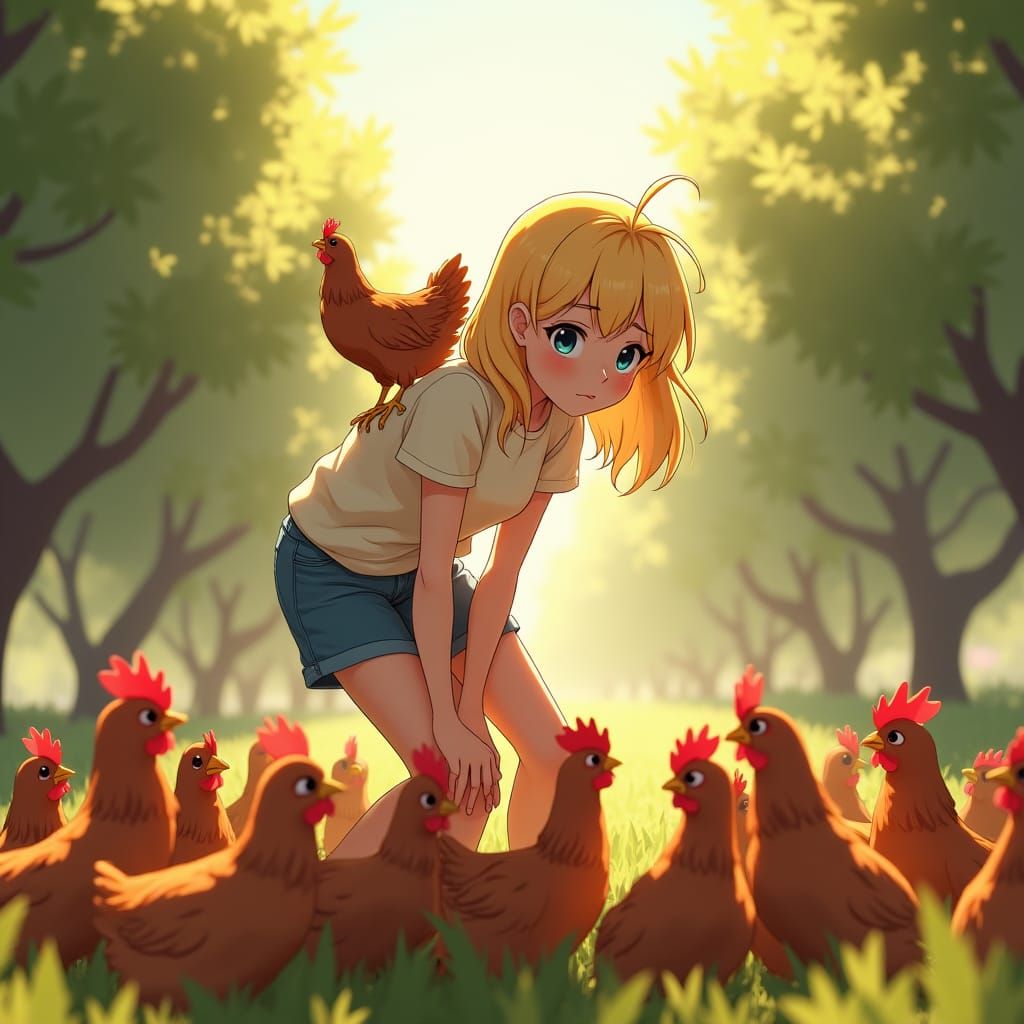 Girl with Chickens in Olive Grove, Anime Style