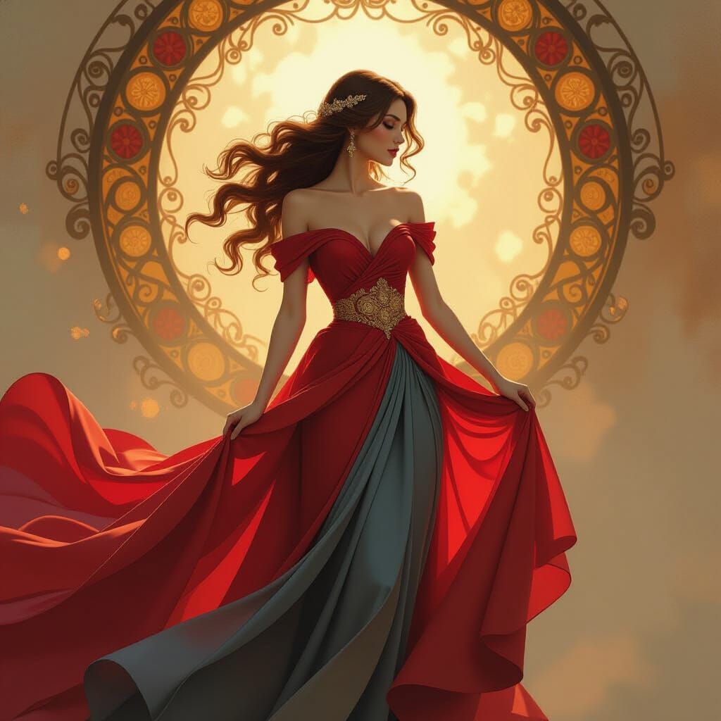 A vibrant oil painting portrait of a female figure, her face illuminated by soft, diffused light. Her hair is a swirling...