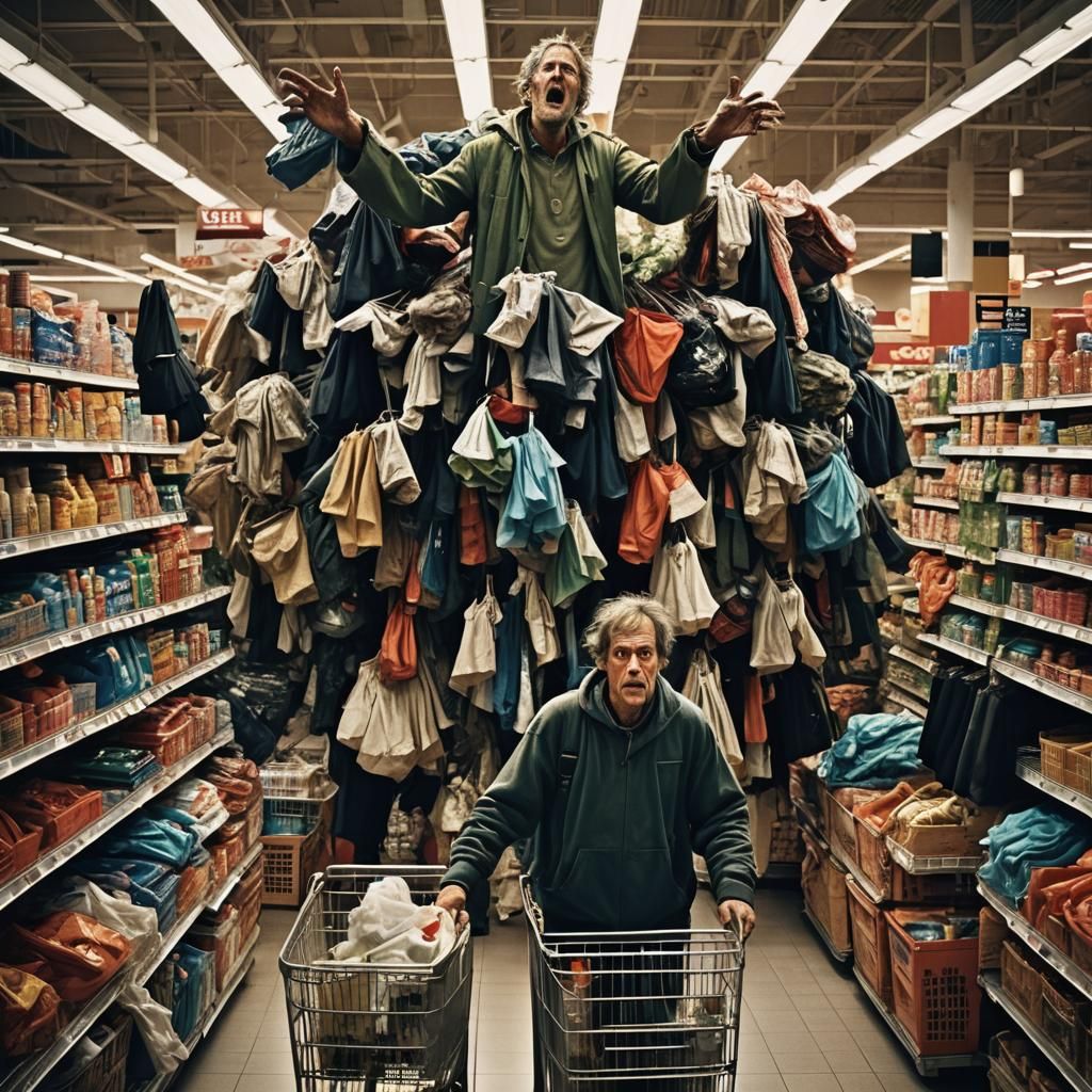 Gigantic Man Towers Over Supermarket, Cinematic Lighting