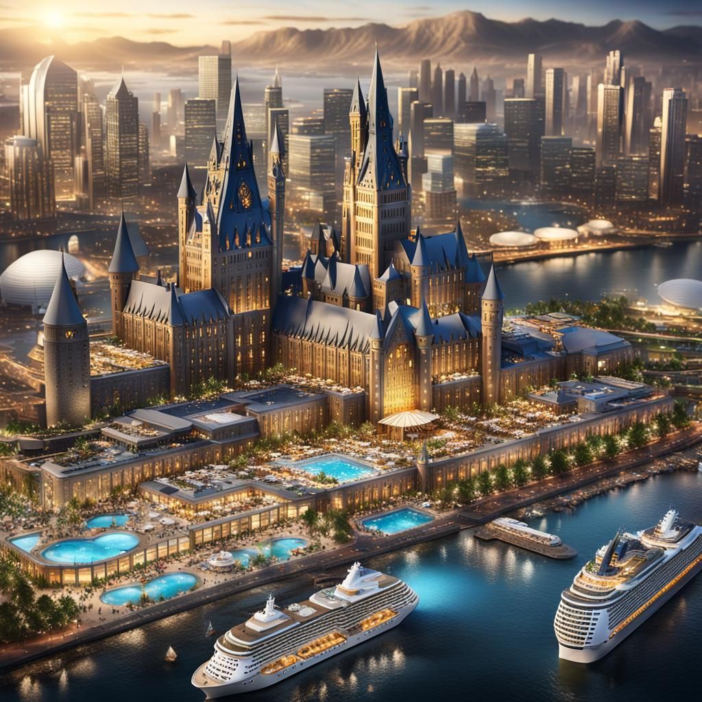 AI-Generated Realistic Cityscape with Cruise Ships and Hogwa...