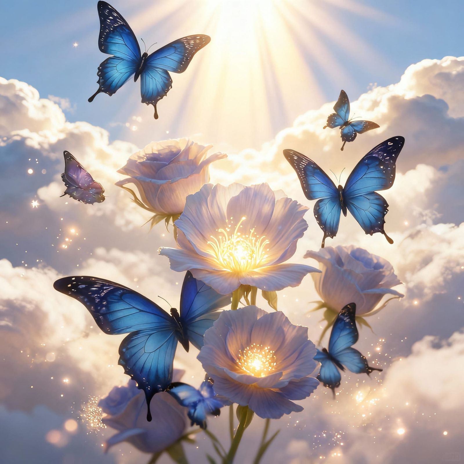 Heavenly Flowers and Butterfly in Divine Sunshine