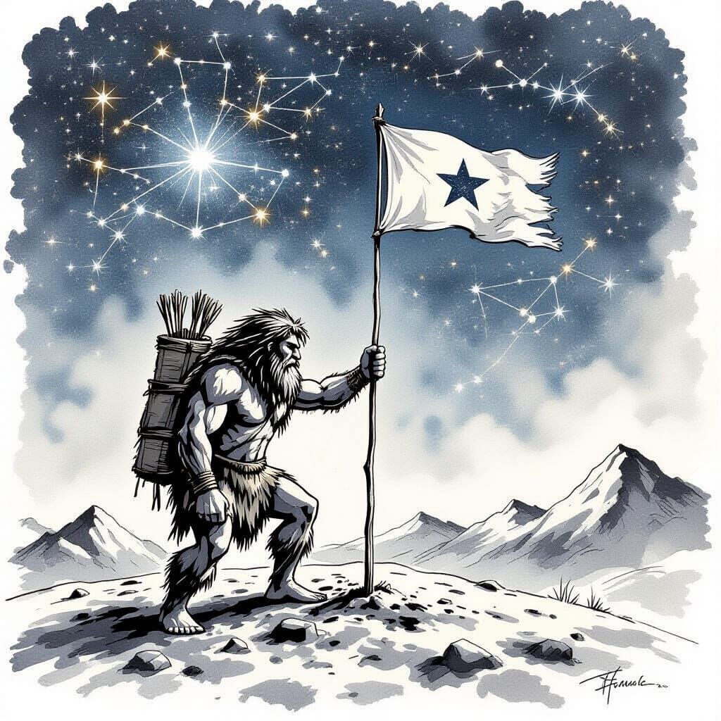 Inkwash Portrait: Caveman Plants Flag on Moon