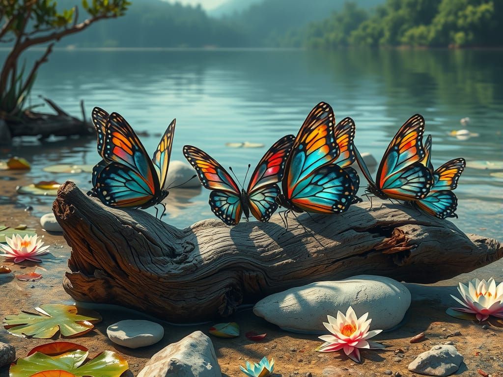 Butterflies on driftwood at the lake