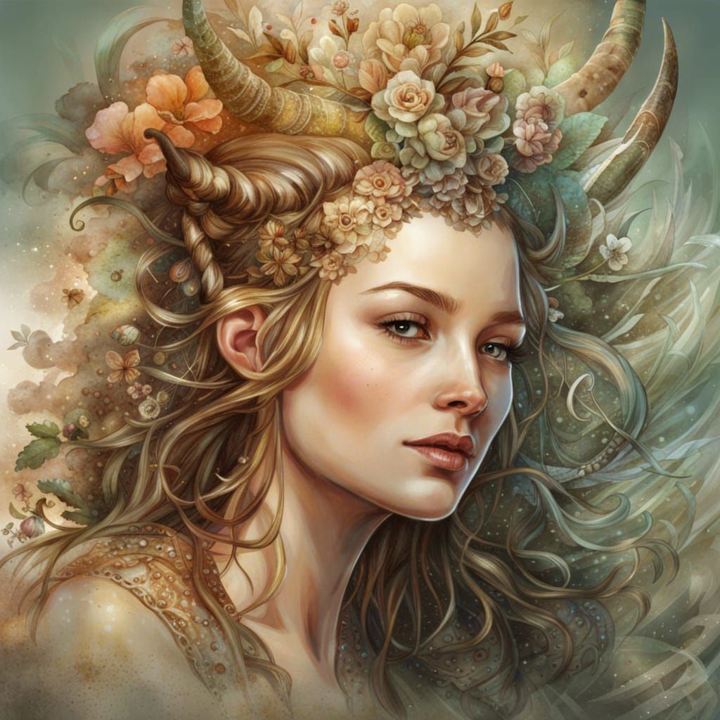 Taurus Zodiac Portrait with Bull Horns as Watercolor