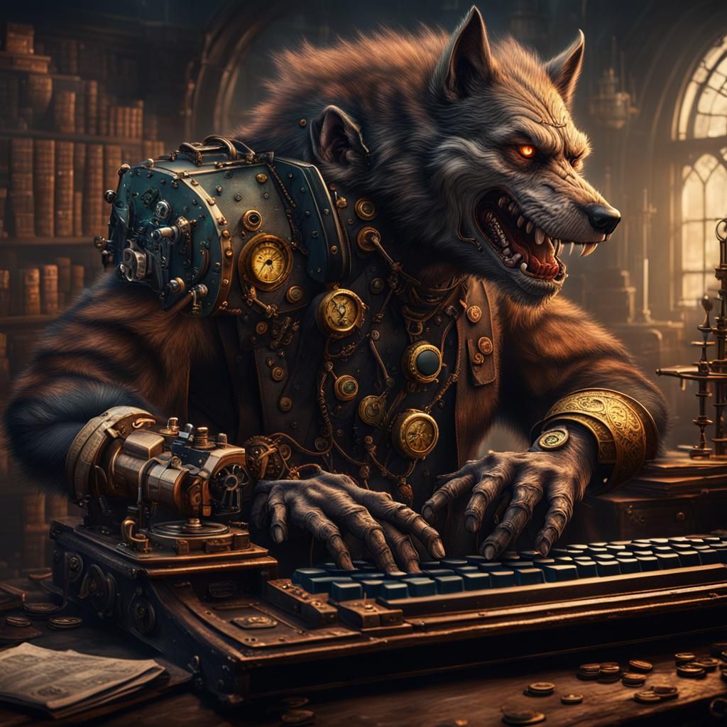 Steampunk Werewolf Typist in Detailed Matte Painting