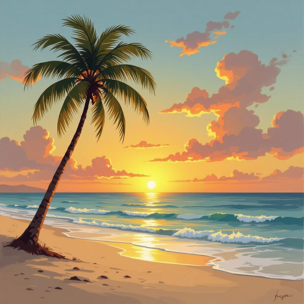 Sunset Beach with Palm Tree in Romantic Style