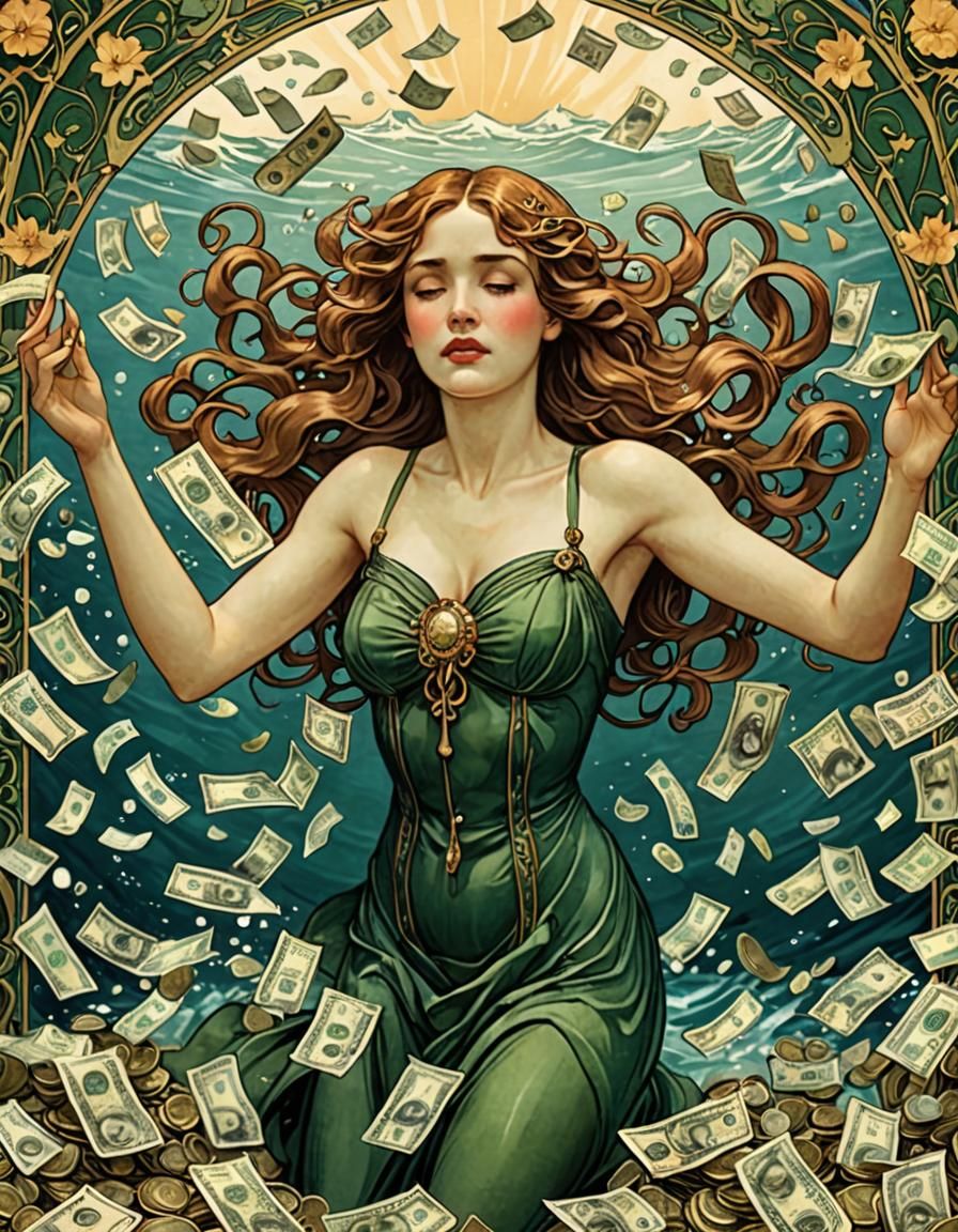 Art Nouveau Woman Drowning in Money