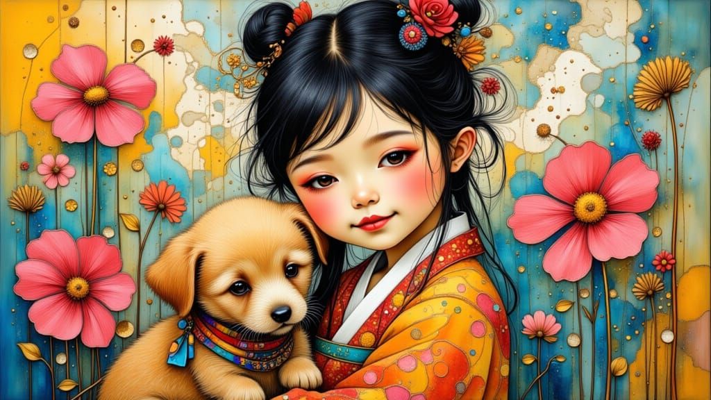 Korean Boy Whimsically Holds Puppy in Colorful Graffiti Scen...
