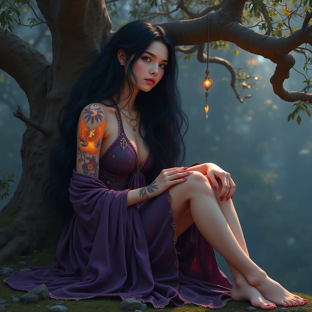 Serenely Seated Mystic Beside a Gnarled Magic Tree