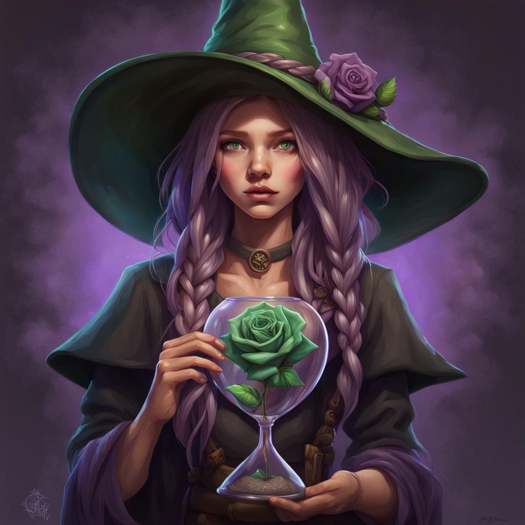 Sad Witch with Hourglass in Hyperrealistic Style