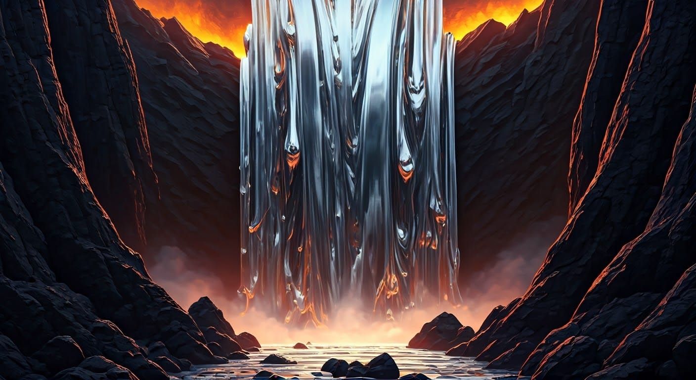 Chromium Metal Waterfall on Volcanic Rocks