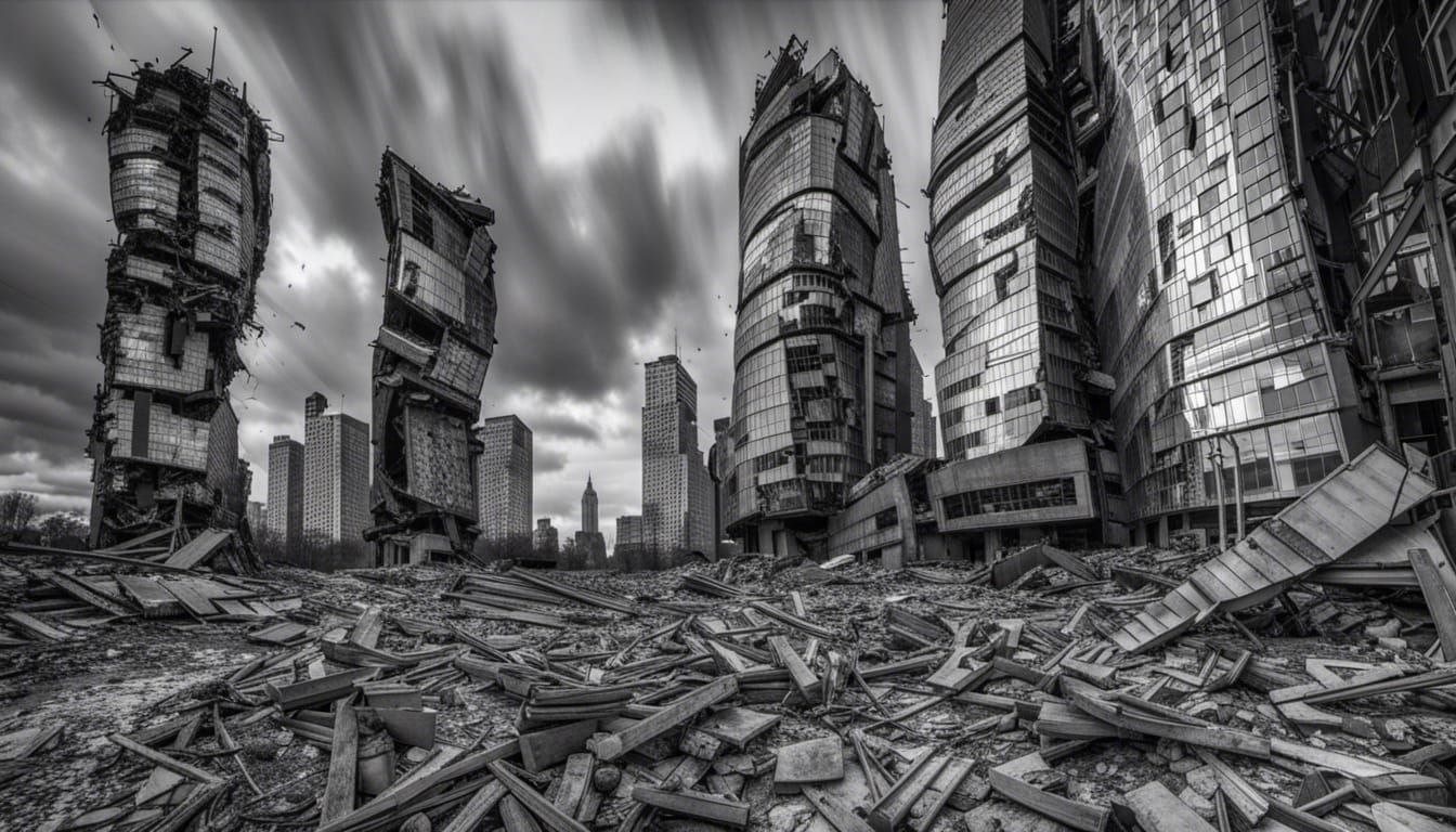 Damaged Moscow-City Towers in Dramatic Black and White