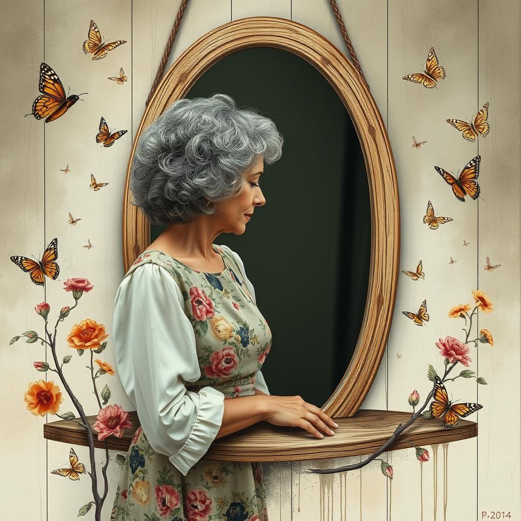 Woman Gazing into Mirror with Dreamlike Art