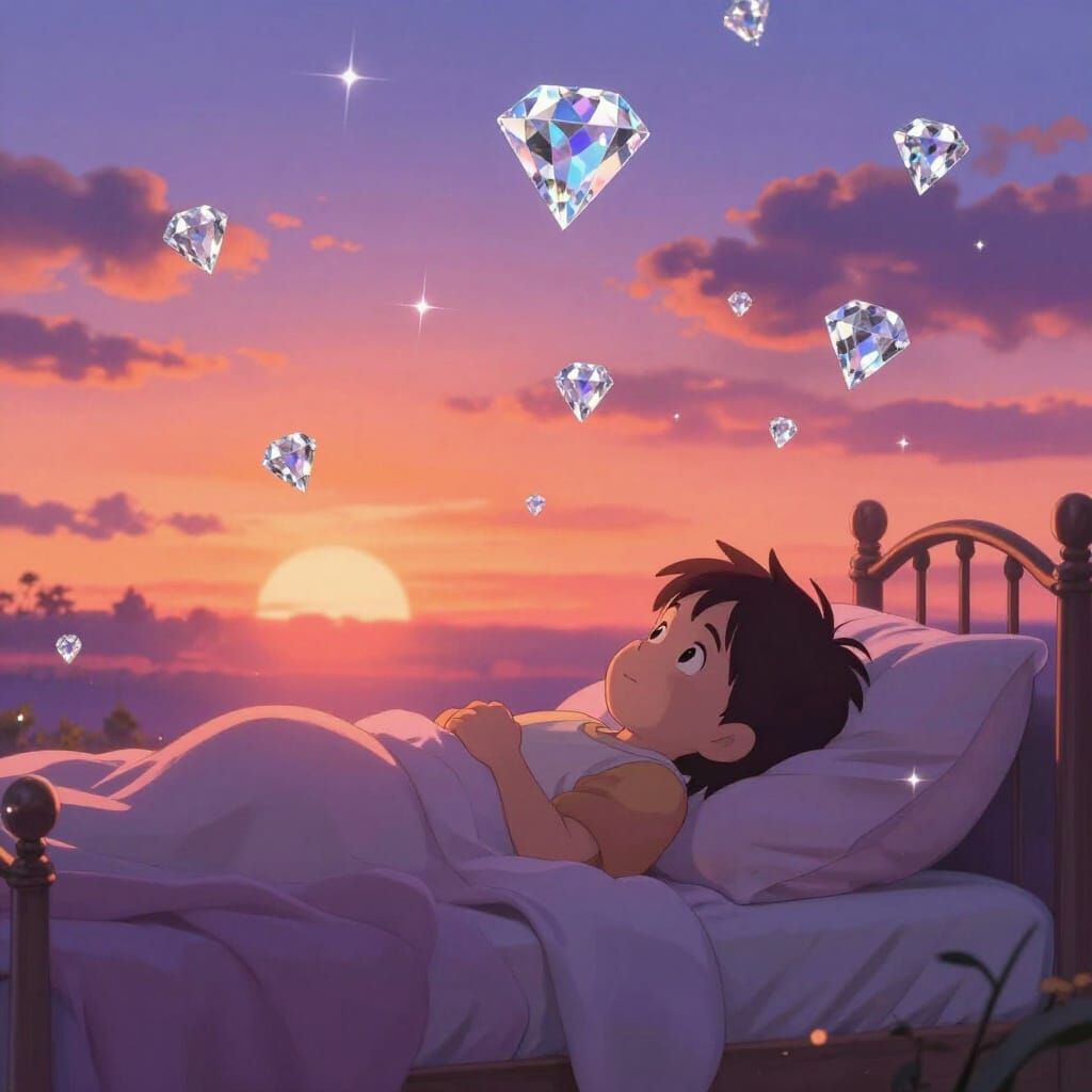 Child Soars in Dream Bed Through Diamond Sunset Sky