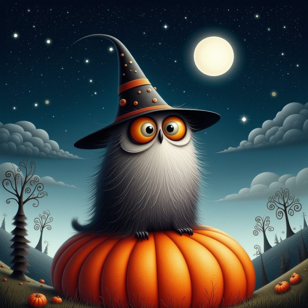 Cartoon Owl Wizard on Glowing Pumpkin Under Starry Night