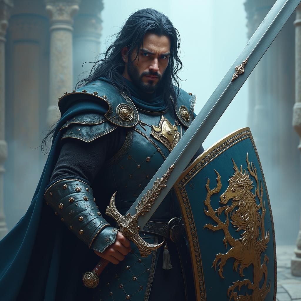 Paladin Portrait with Sword and Shield in Matte Painting Sty...