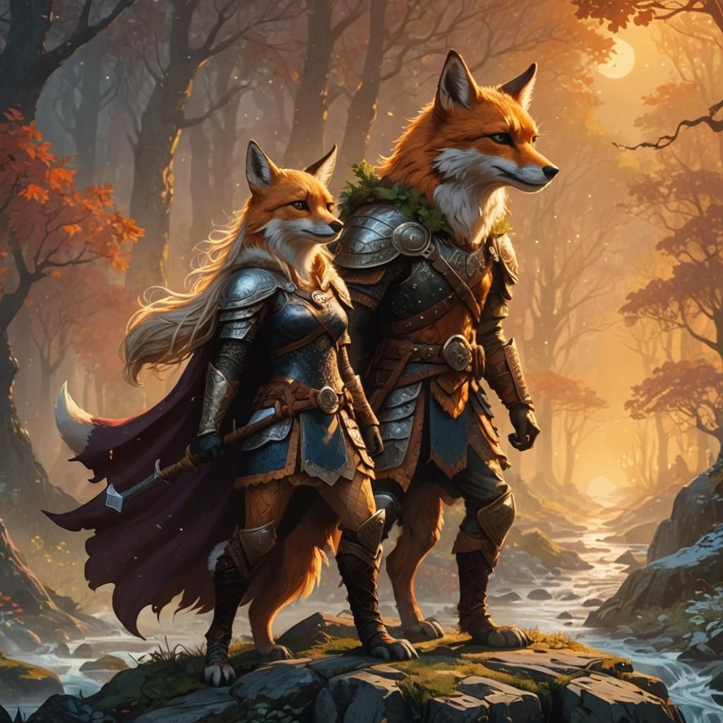 Viking Fox in Mystical Forest: Digital Illustration