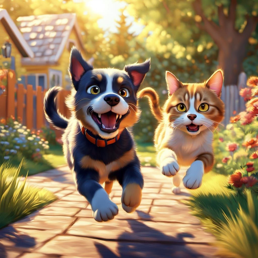Playful Dog Chases Cat in Sunny Backyard