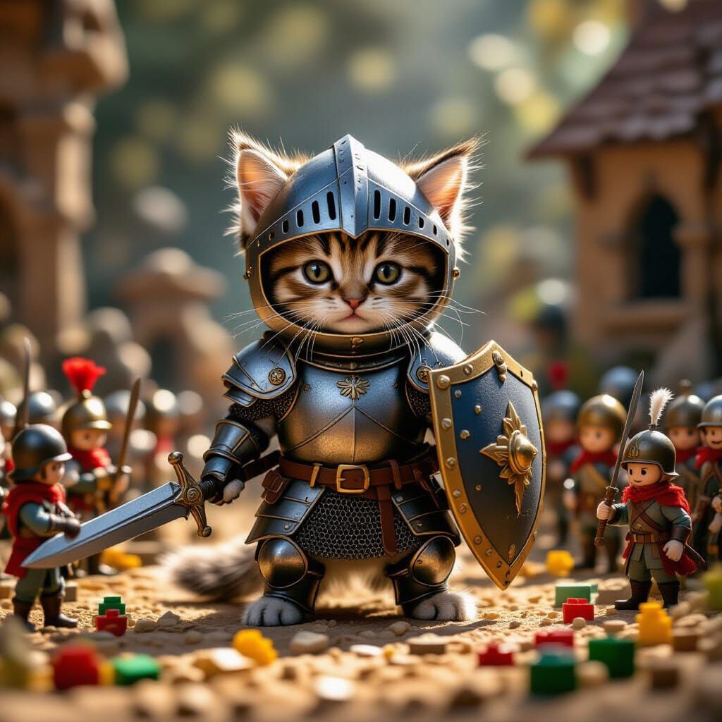 Tiny Knight Kitten on Miniature Battlefield
