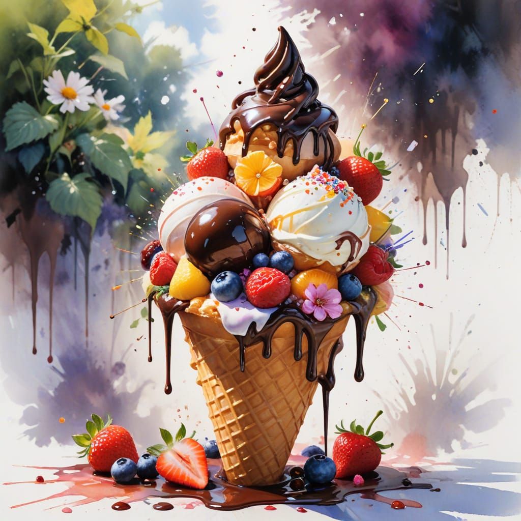 Colorful Ice Cream Cone in Watercolor Style