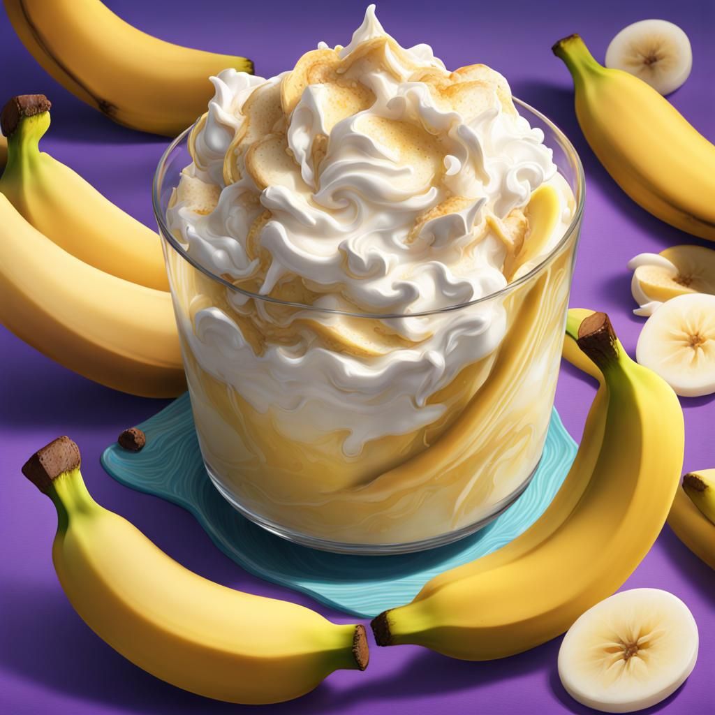 detailed banana pudding, whip cream swirl, banana slices, Hyperrealistic, splash art, concept art, mid shot, intricately...