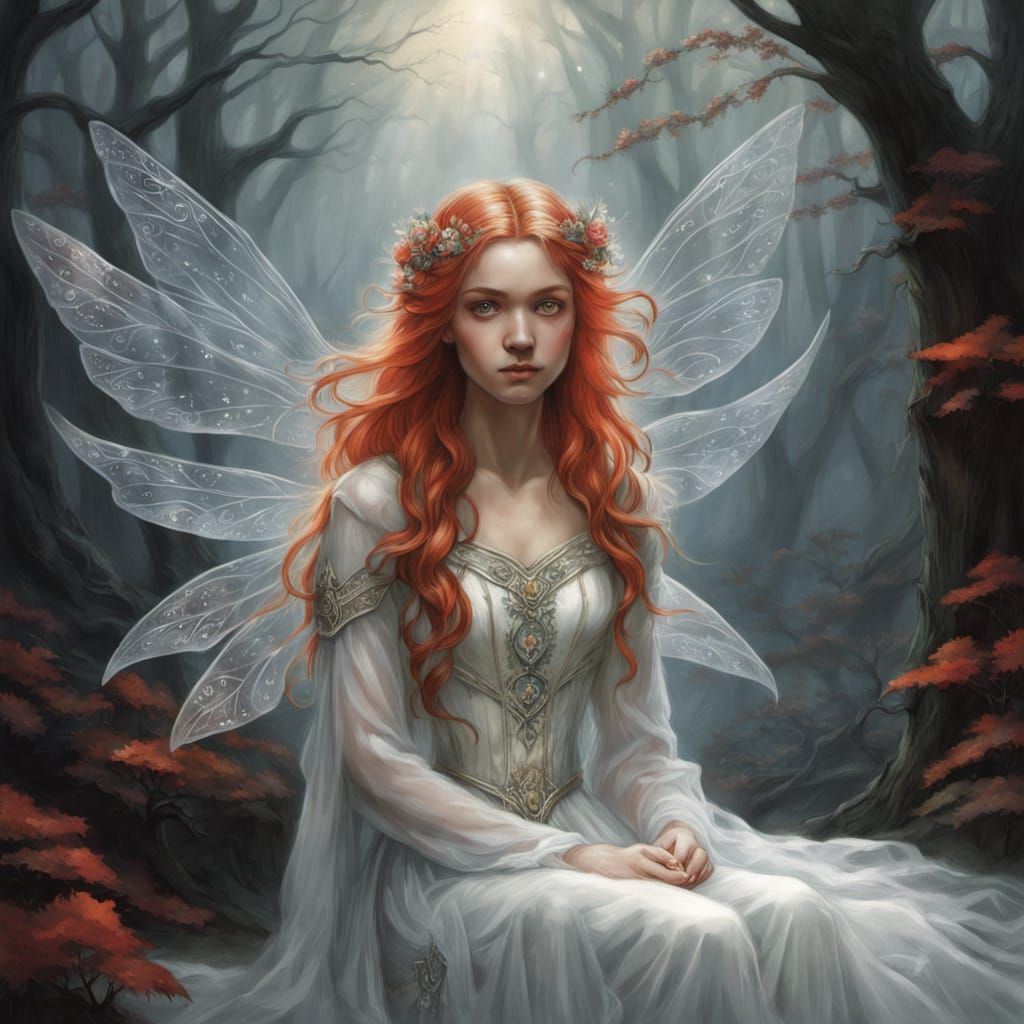Gentle Fairy in Dreamlike Realm with Glittering Wings