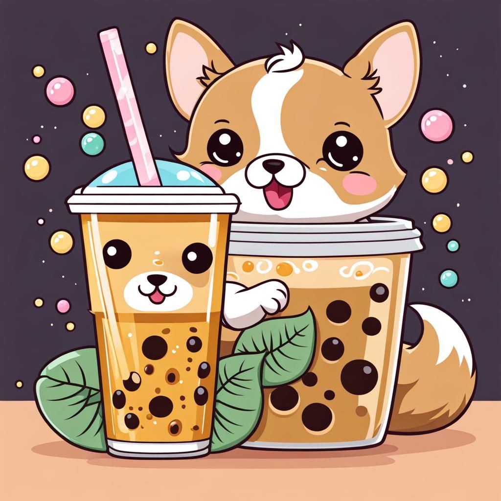 Kawaii Dog Drinking Bubble Tea Illustration