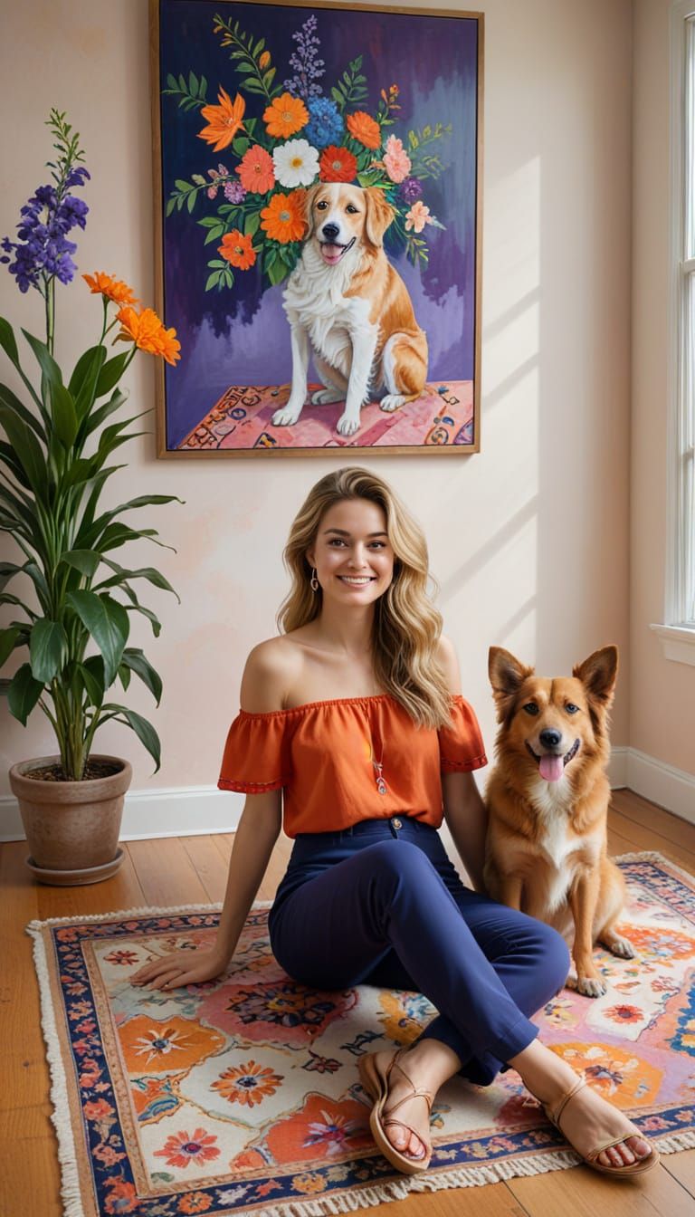 Woman with Blonde Hair and Dog in Cozy Room