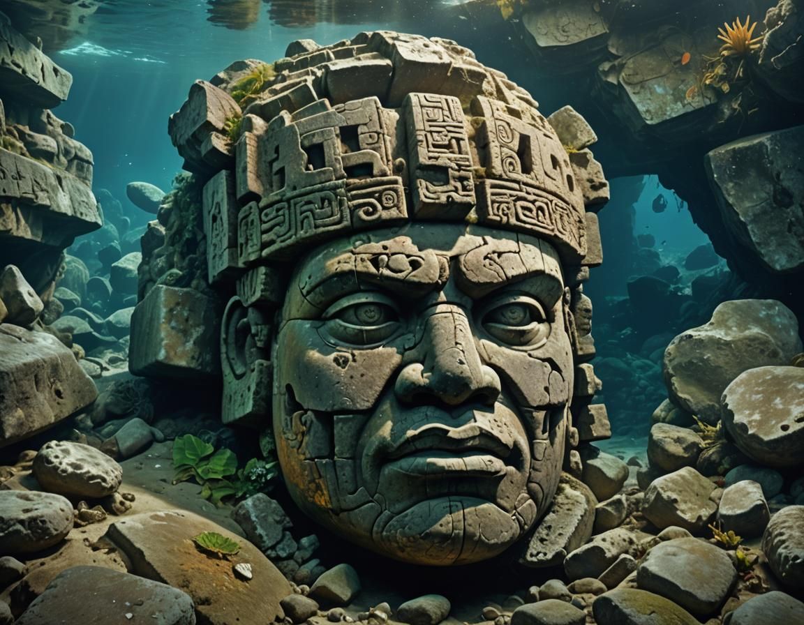 Sunken Olmec Head: Hyperrealistic Underwater Photography