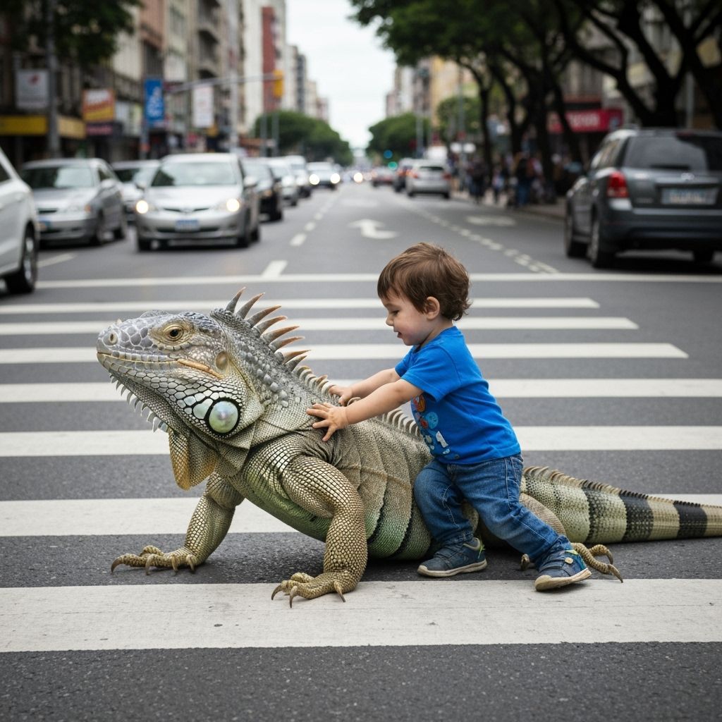 Iguana Helps Boy Cross Street: Street Photography