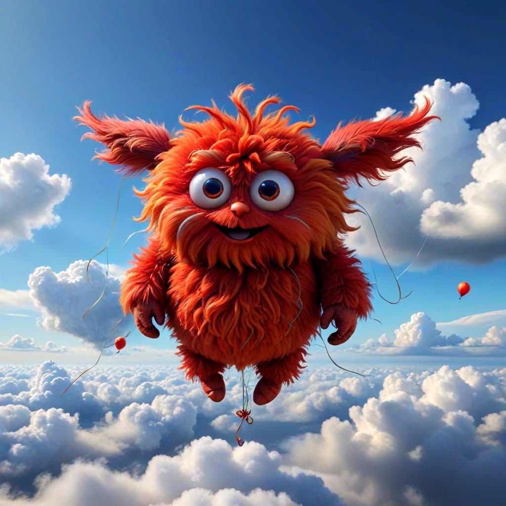 Surreal Fluffy Balloon Creature Soars in Vibrant Blue Skies