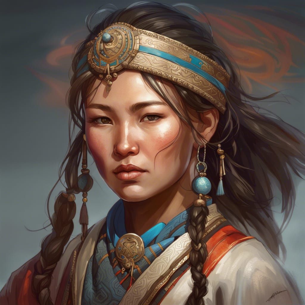 Mongolian Girl Portrait in Hyperdetailed Art Nouveau Style