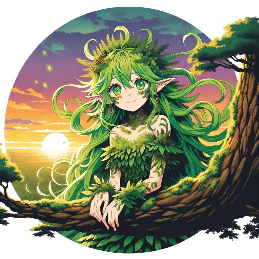 Anime-Style Dryad Druid Girl in Nature's Harmony