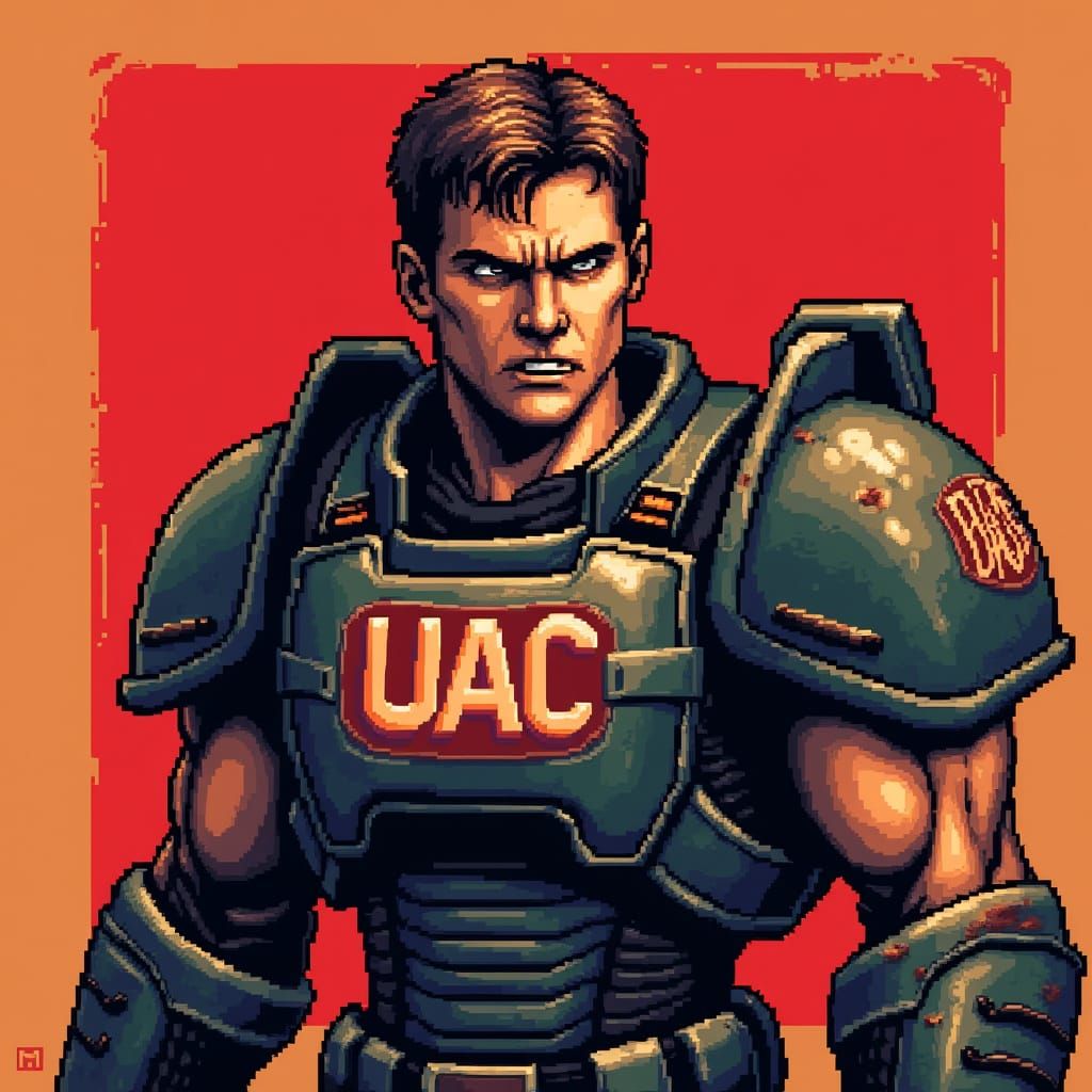 Harrison Ford as Classic Doom Marine in Pixel Art Style