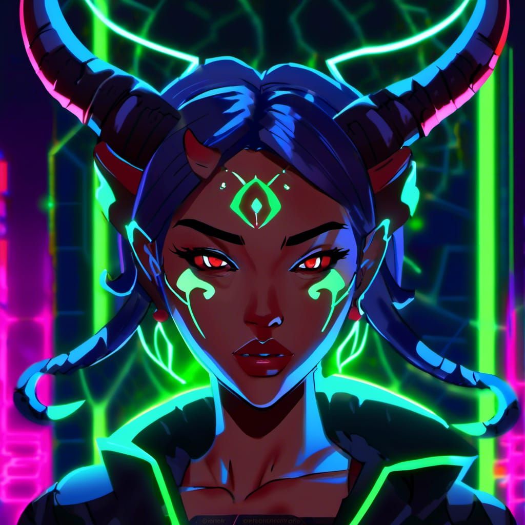 Anime Demon Girl with Horns in Neon-Lit Dark Room