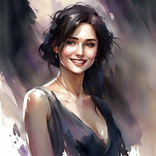 Beautiful Woman with Dark Hair in Watercolor Style