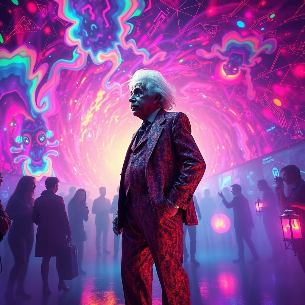 Einstein Lost in Vibrant Rave Party Scene