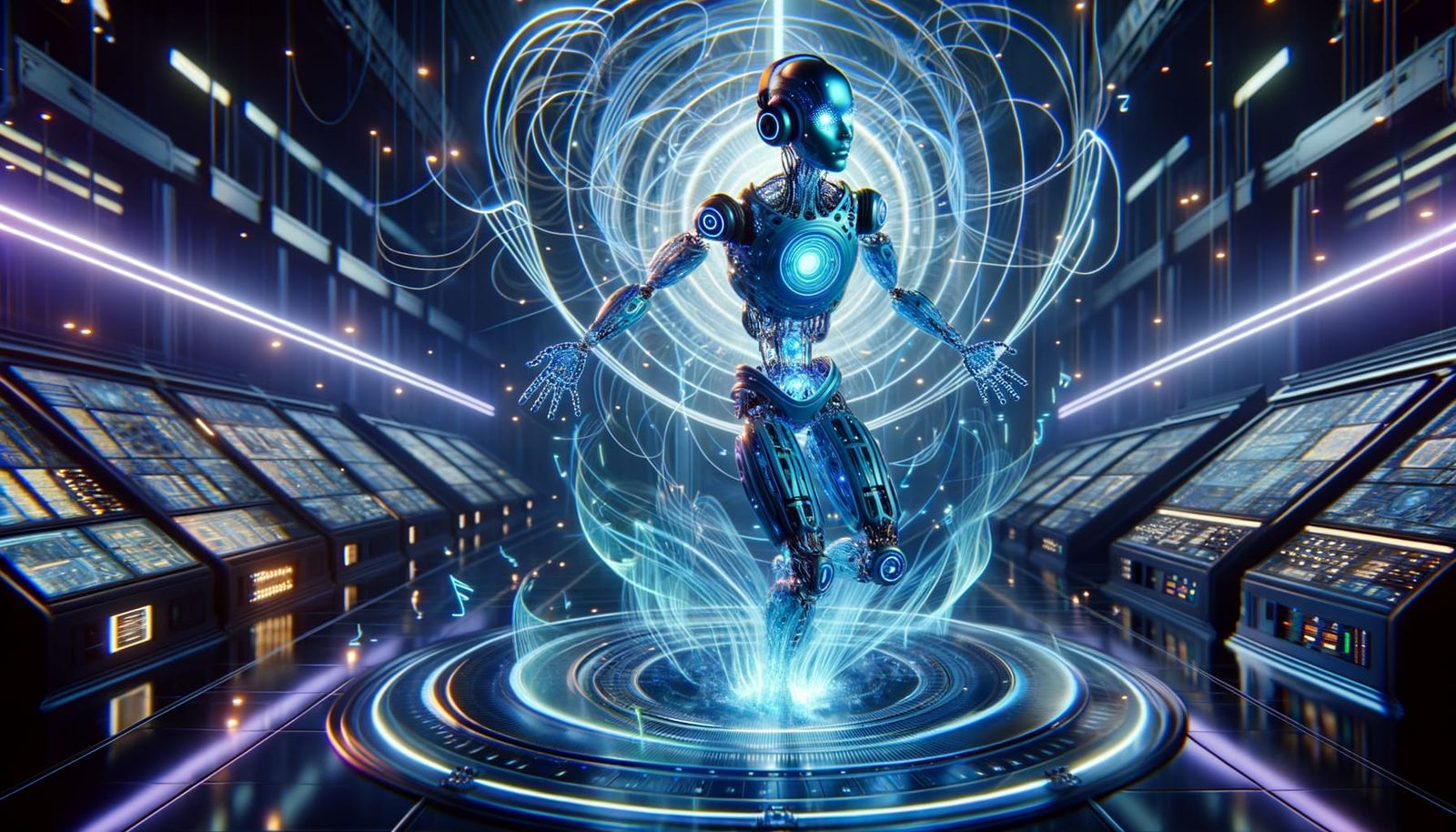 Futuristic AI Grok Dancing with Holographic Body