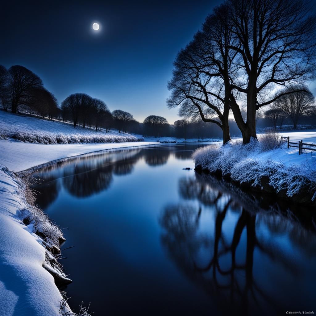 Serene Winter Riverscape with Moonlight Glow