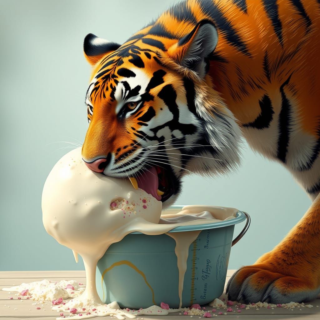 Tiger Licking Ice Cream Ball in Bucket