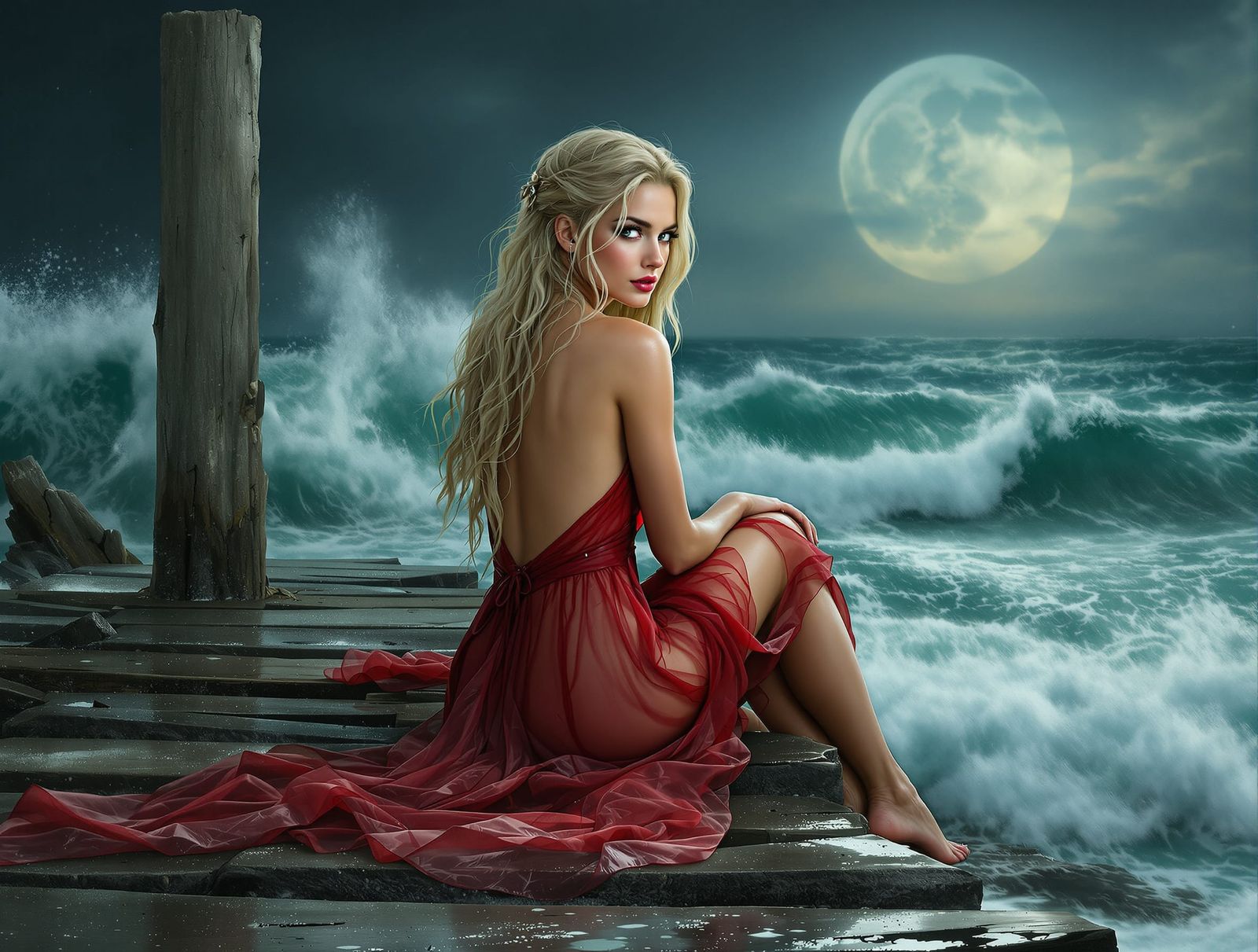 Norse Goddess on Pier by Roiling Sea