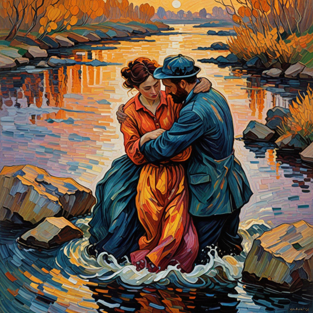 Embracing Love Amidst Gentle River Waters in Vibrant Neo-Imp...