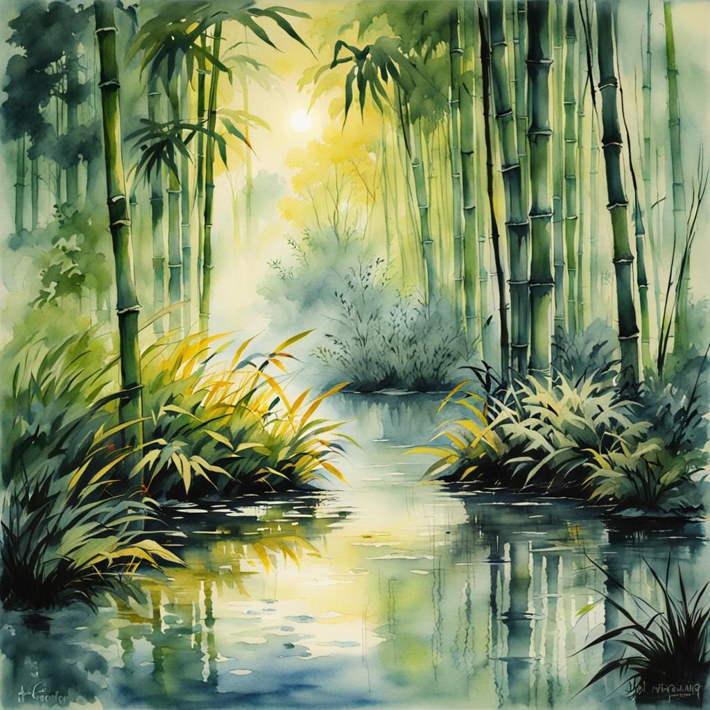 Bamboo Forest Pond: Watercolor Painting with Sunlight