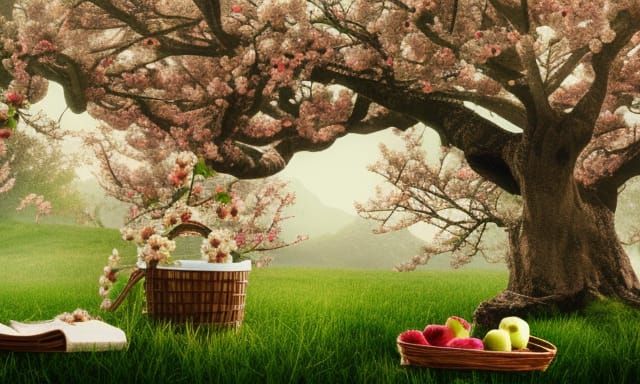 Picnic Under Apple Tree with Blossoms, Digital Painting