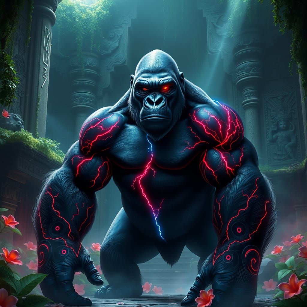 Gigantic Guardian in Ancient Temple, Adorned with Electric T...