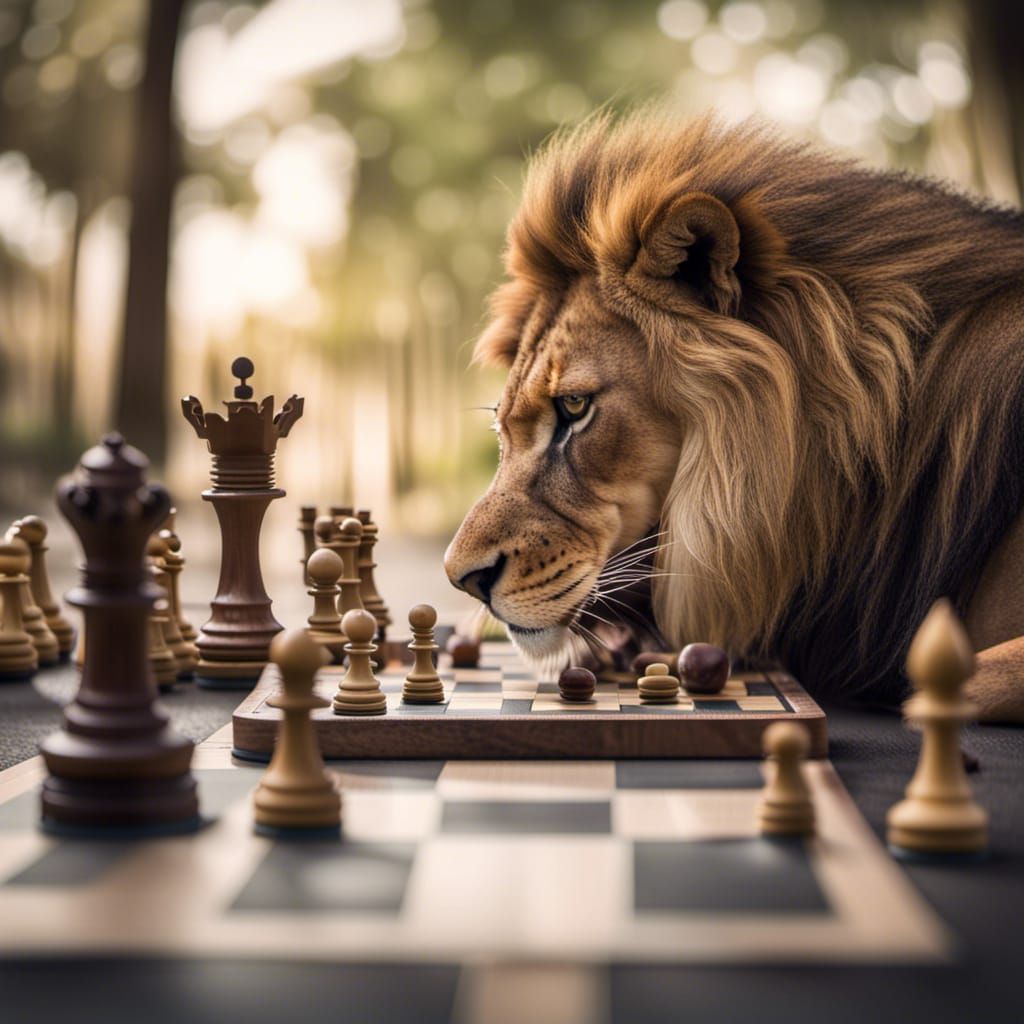 Lion Playing Chess in Professional Photography Style